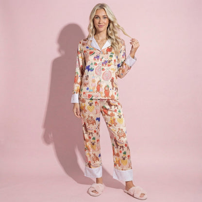 Anna-Kaci Lounge Women's 2-Piece Set Long Sleeve Button Front Top and Relaxed Fit Pants Pajama Set with Fun Dog Print