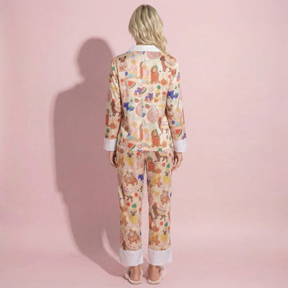 Anna-Kaci Lounge Women's 2-Piece Set Long Sleeve Button Front Top and Relaxed Fit Pants Pajama Set with Fun Dog Print
