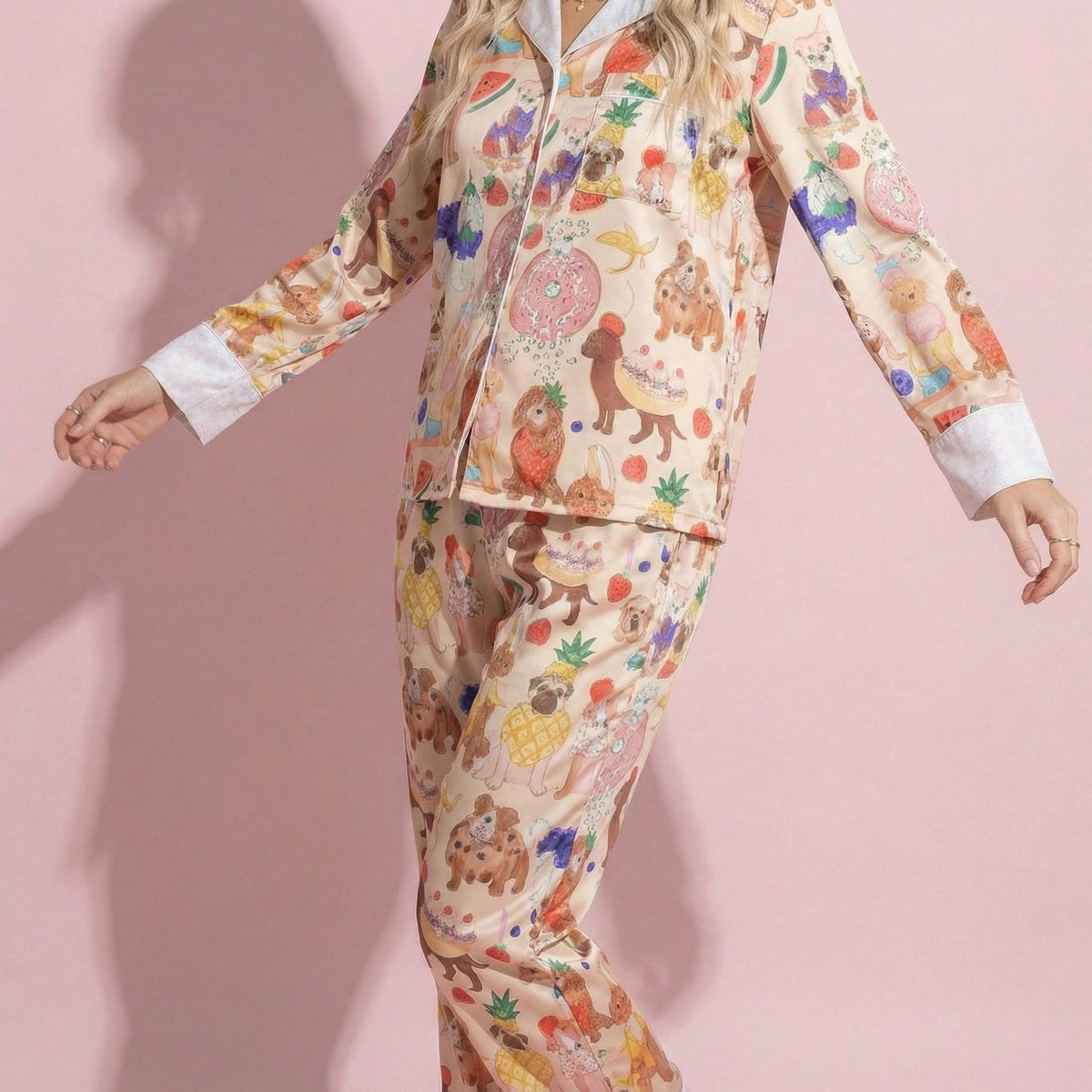 Anna-Kaci Lounge Women's 2-Piece Set Long Sleeve Button Front Top and Relaxed Fit Pants Pajama Set with Fun Dog Print