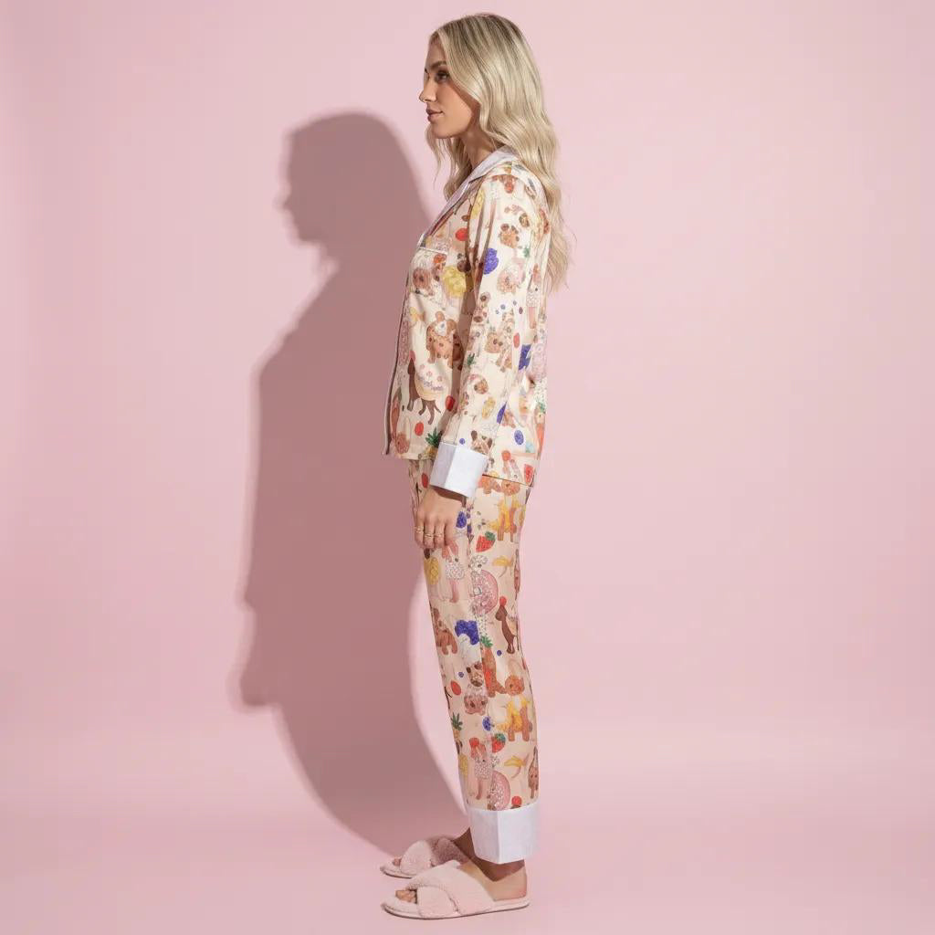 Anna-Kaci Lounge Women's 2-Piece Set Long Sleeve Button Front Top and Relaxed Fit Pants Pajama Set with Fun Dog Print