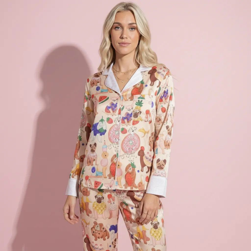 Anna-Kaci Lounge Women's 2-Piece Set Long Sleeve Button Front Top and Relaxed Fit Pants Pajama Set with Fun Dog Print