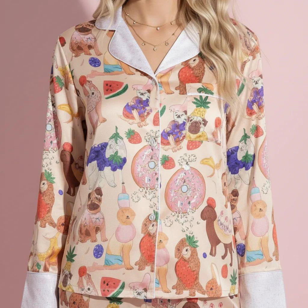 Anna-Kaci Lounge Women's 2-Piece Set Long Sleeve Button Front Top and Relaxed Fit Pants Pajama Set with Fun Dog Print