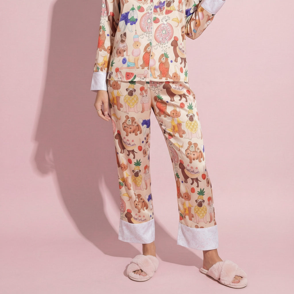 Anna-Kaci Lounge Women's 2-Piece Set Long Sleeve Button Front Top and Relaxed Fit Pants Pajama Set with Fun Dog Print
