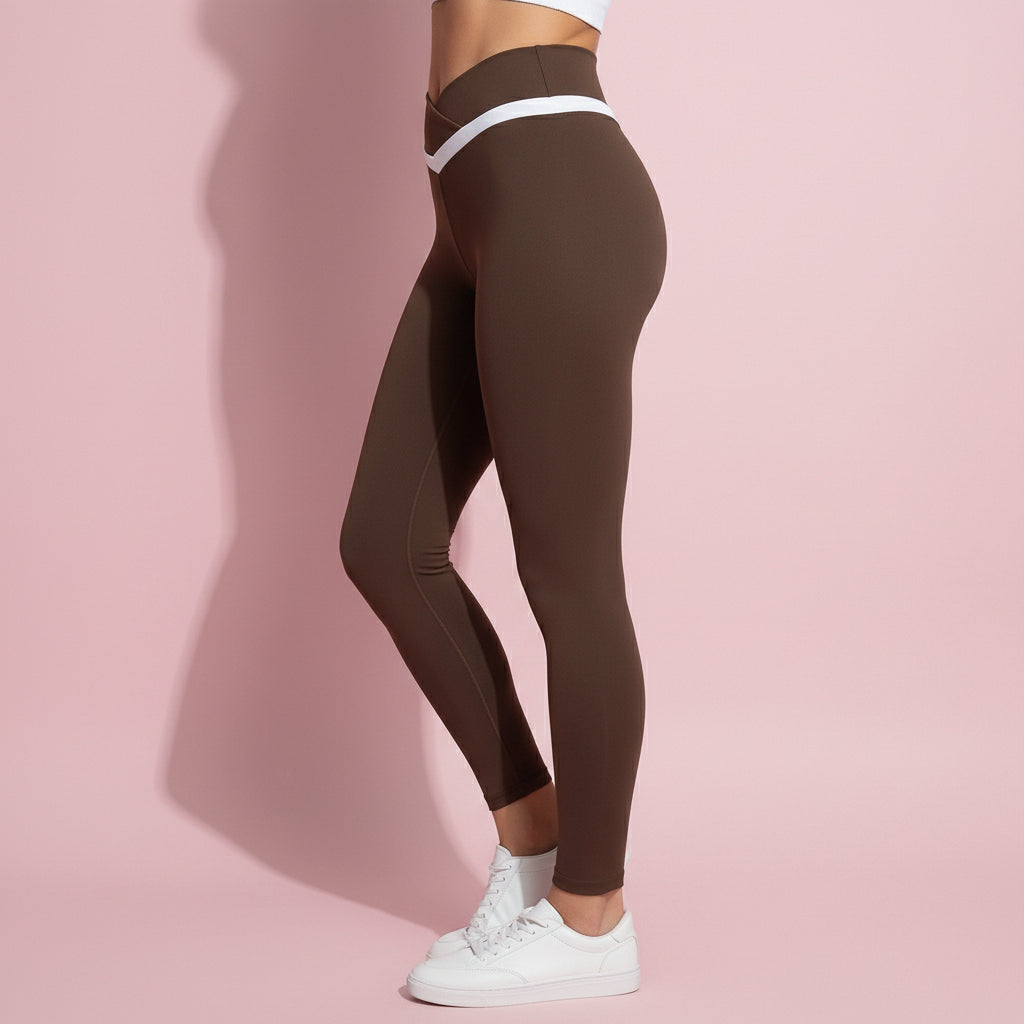 Anna-Kaci Active Women's Crossover Waist Colorblock Full Length Leggings with Stretch Fit Fabric and Contoured Silhouette