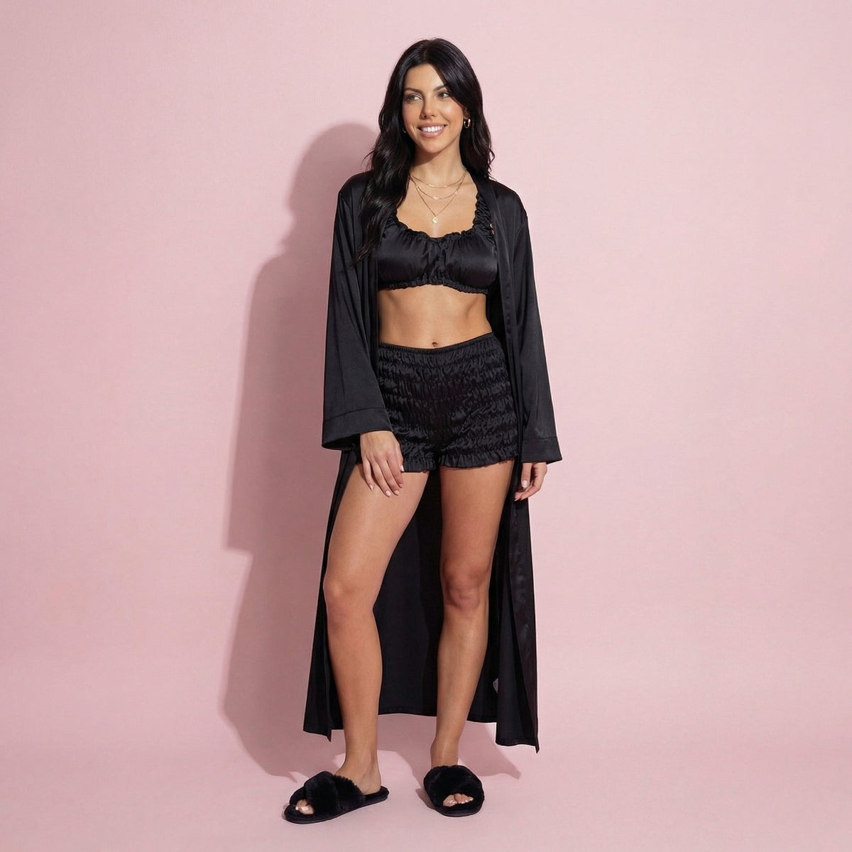 Anna-Kaci Lounge Women's 3-Piece Set Satin Robe with Matching Bralette Top and Elastic Waist Shorts Loungewear Sleepwear Set