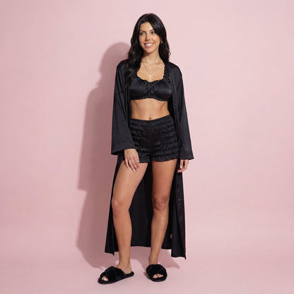 Anna-Kaci Lounge Women's 3-Piece Set Satin Robe with Matching Bralette Top and Elastic Waist Shorts Loungewear Sleepwear Set