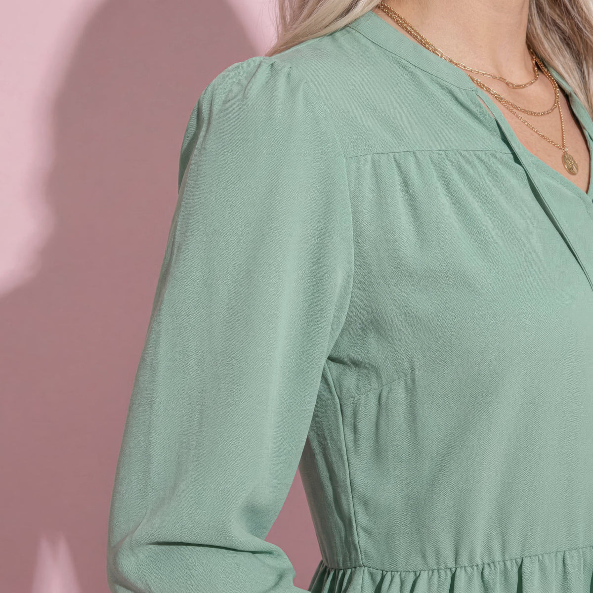 Anna-Kaci Women's Long Sleeve Button Front Peplum Blouse with V-Neckline and Gathered Waist Detail