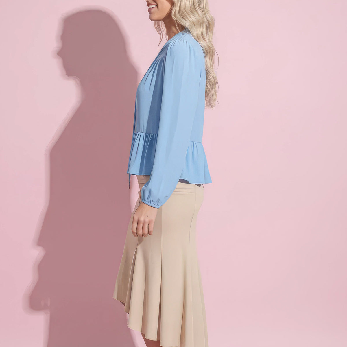 Anna-Kaci Women's Long Sleeve Button Front Peplum Blouse with V-Neckline and Gathered Waist Detail