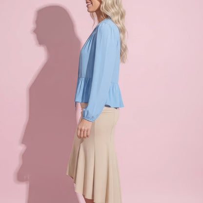 Anna-Kaci Women's Long Sleeve Button Front Peplum Blouse with V-Neckline and Gathered Waist Detail