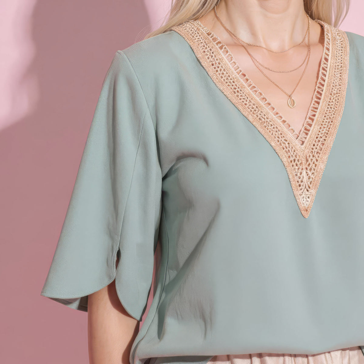 Anna-Kaci Women's Split Sleeve V-Neck Blouse with Crochet Detail