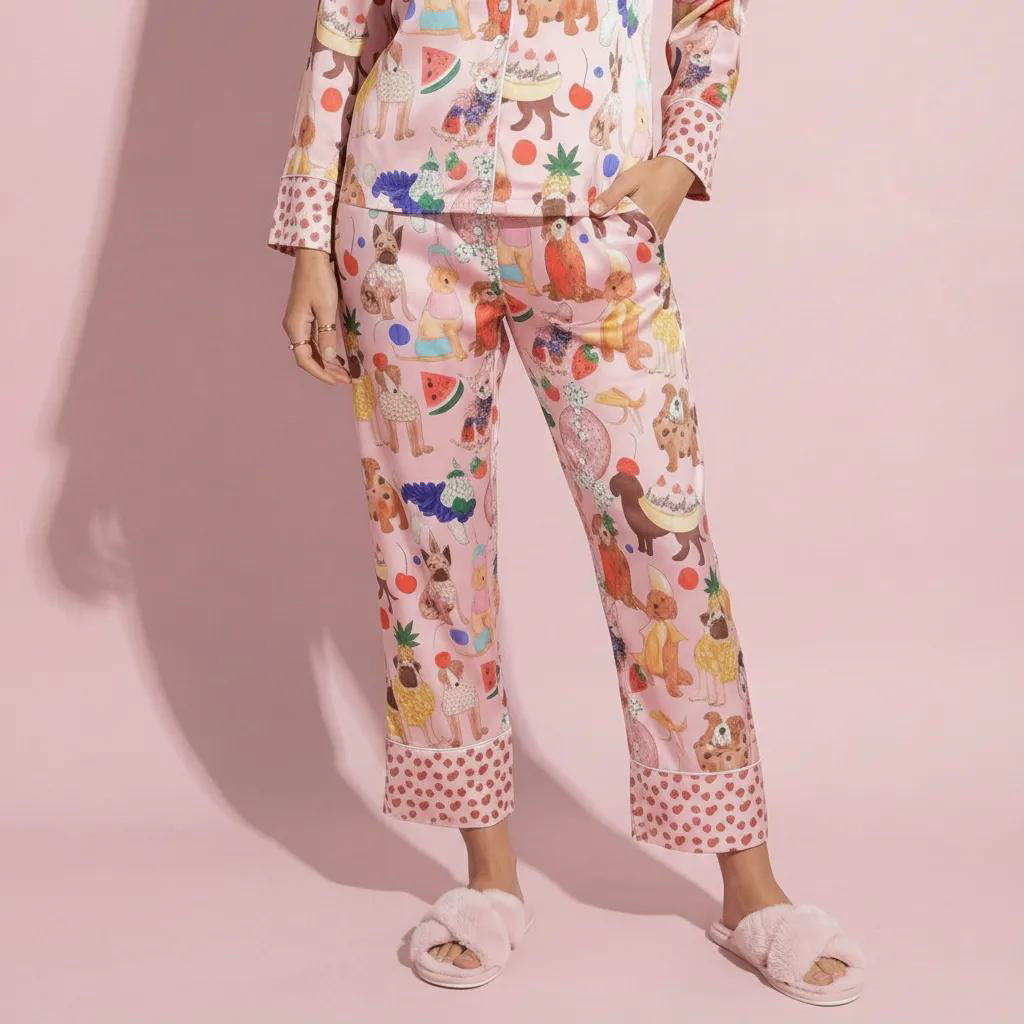 Anna-Kaci Lounge Women's 2-Piece Set Button Front Pajama Set with Playful Dog Print and Soft Silky Fabric for Relaxed Comfort