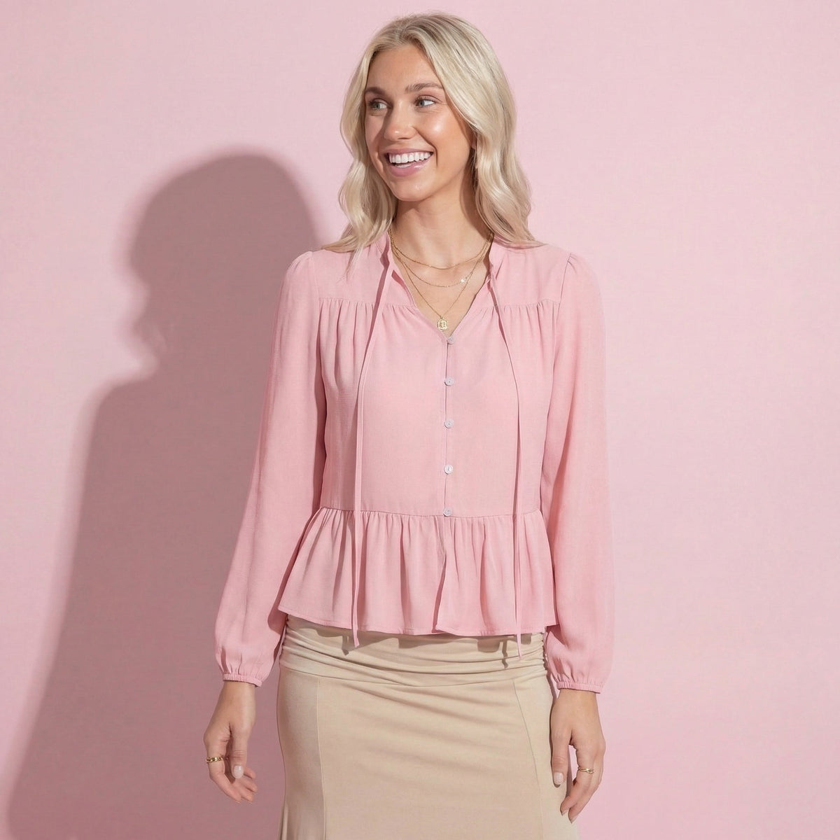 Anna-Kaci Women's Long Sleeve Button Front Peplum Blouse with V-Neckline and Gathered Waist Detail