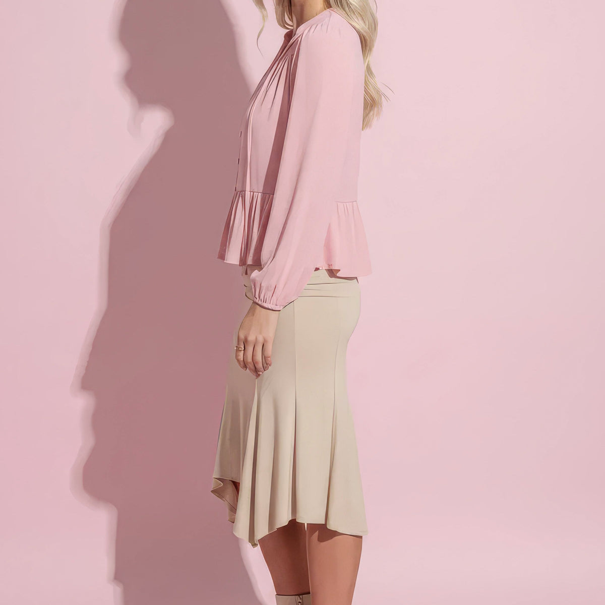 Anna-Kaci Women's Long Sleeve Button Front Peplum Blouse with V-Neckline and Gathered Waist Detail