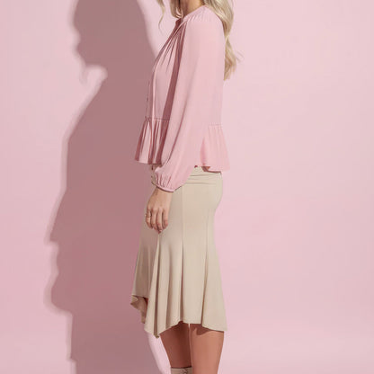Anna-Kaci Women's Long Sleeve Button Front Peplum Blouse with V-Neckline and Gathered Waist Detail