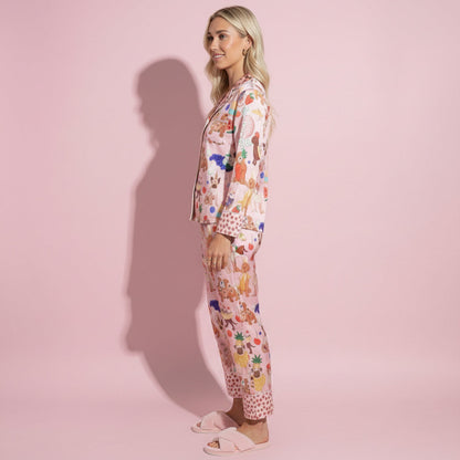 Anna-Kaci Lounge Women's 2-Piece Set Button Front Pajama Set with Playful Dog Print and Soft Silky Fabric for Relaxed Comfort