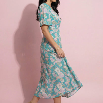 Anna-Kaci Women's Floral Print V-Neck Maxi Dress with Flutter Sleeves and Defined Waist Detail