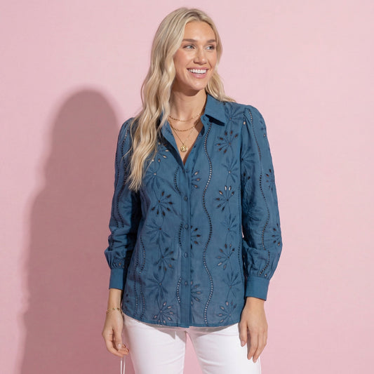 Anna-Kaci Women's Embroidered Eyelet Long Sleeve Button-Up Blouse