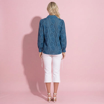 Anna-Kaci Women's Embroidered Eyelet Long Sleeve Button-Up Blouse