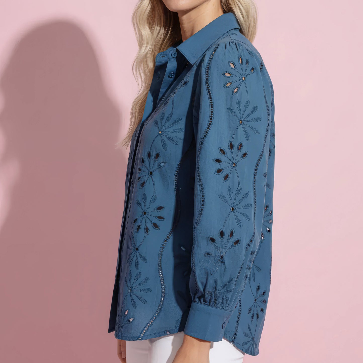Anna-Kaci Women's Embroidered Eyelet Long Sleeve Button-Up Blouse