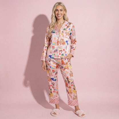 Anna-Kaci Lounge Women's 2-Piece Set Button Front Pajama Set with Playful Dog Print and Soft Silky Fabric for Relaxed Comfort