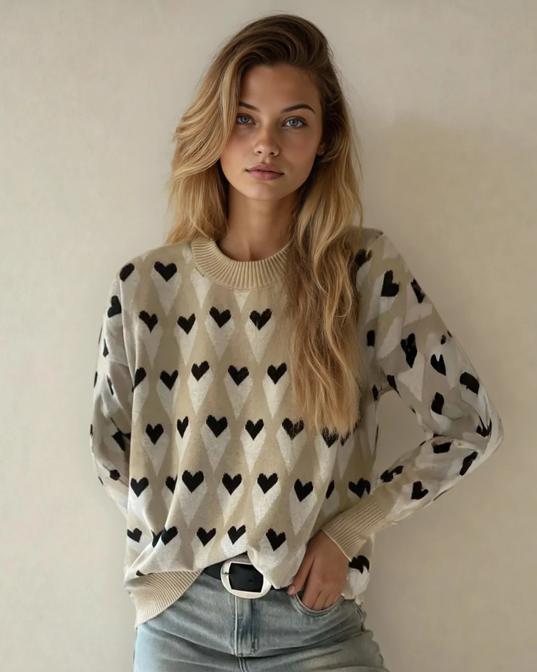 Brynlee Geometric Heart Print Ribbed Trim Loose Sweater