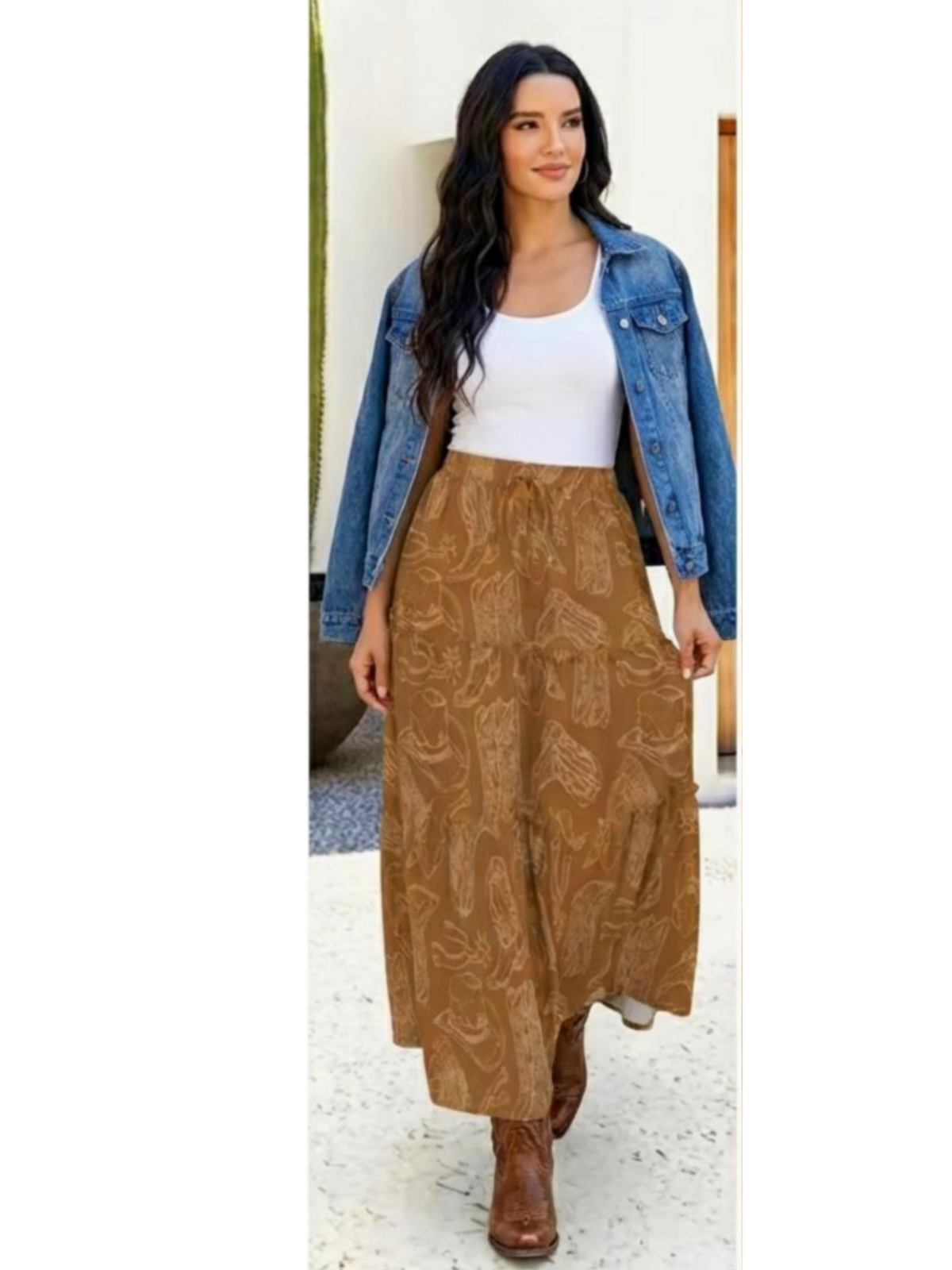 Baha Ranch Western Boot Print Tiered Prairie Maxi Skirt