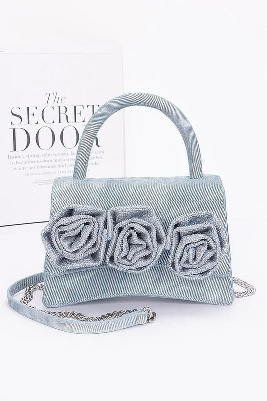 Faux Leather Rhinestone Hot Fix Flower Bag