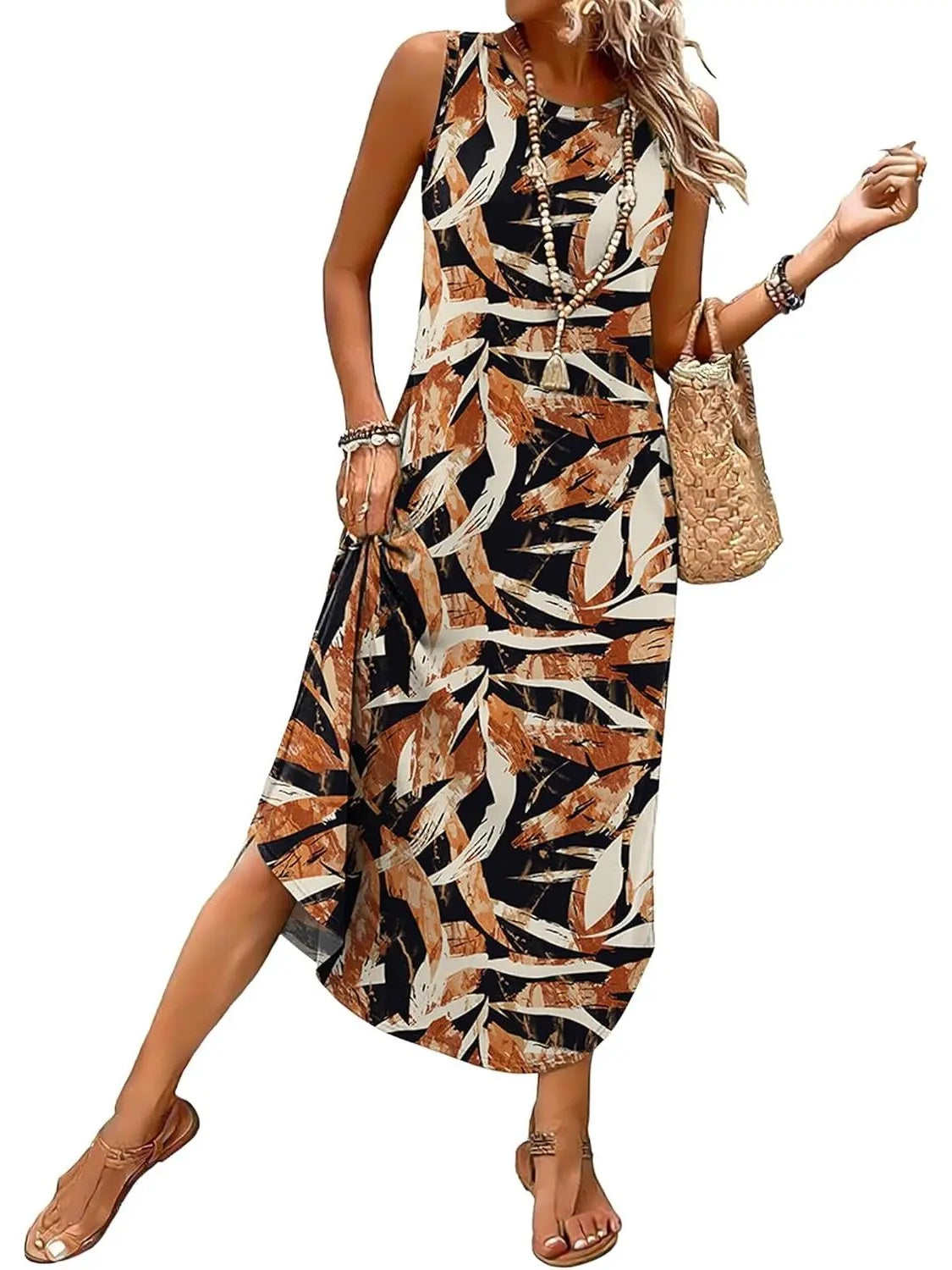 Women's Sleeveless Print Maxi Dress with Pockets