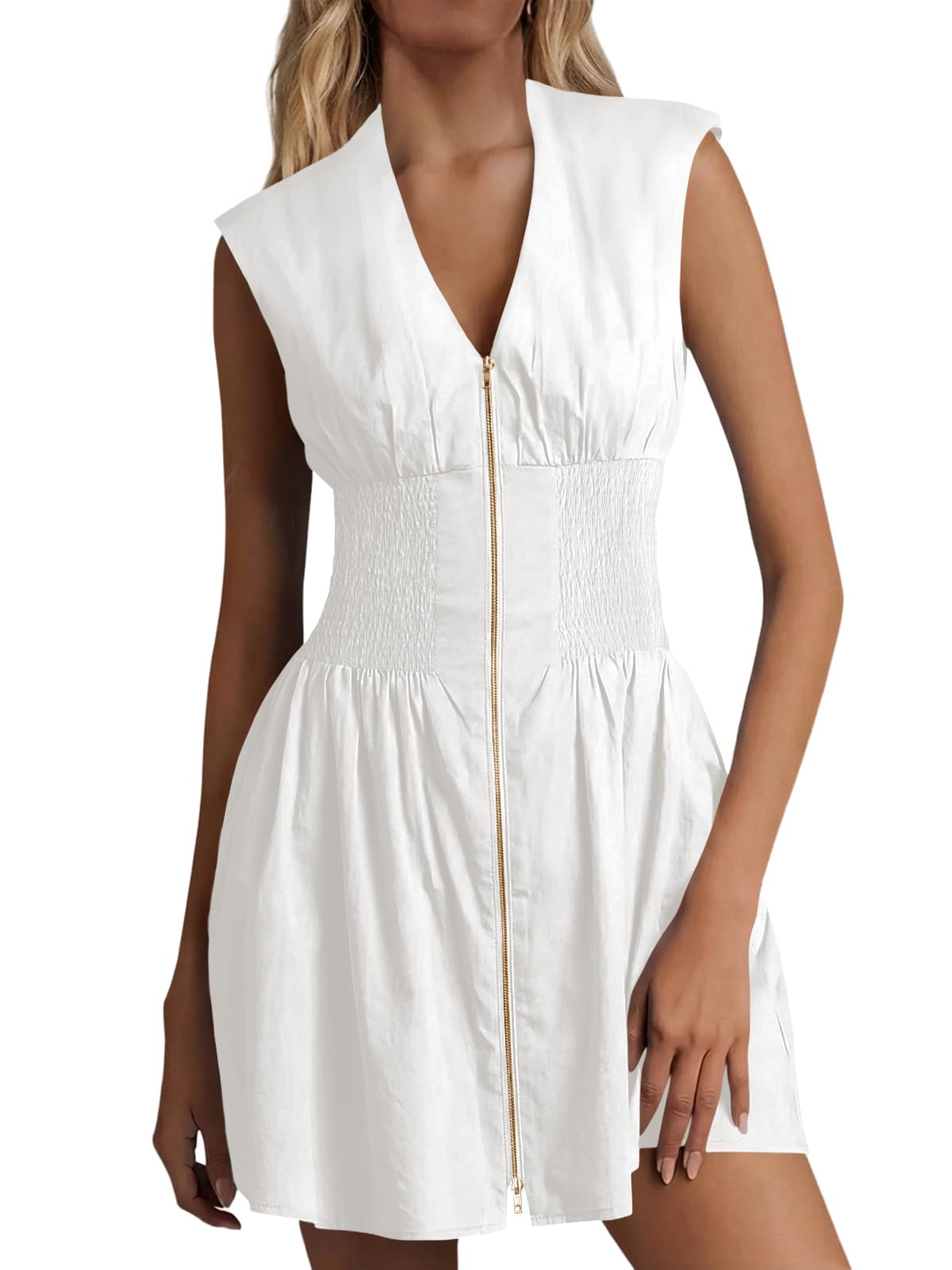 Women's Sleeveless V-Neck Zip Front Mini Dress with Smocked Waist & Pockets