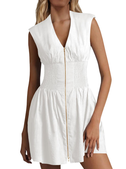 Women's Sleeveless V-Neck Zip Front Mini Dress with Smocked Waist & Pockets