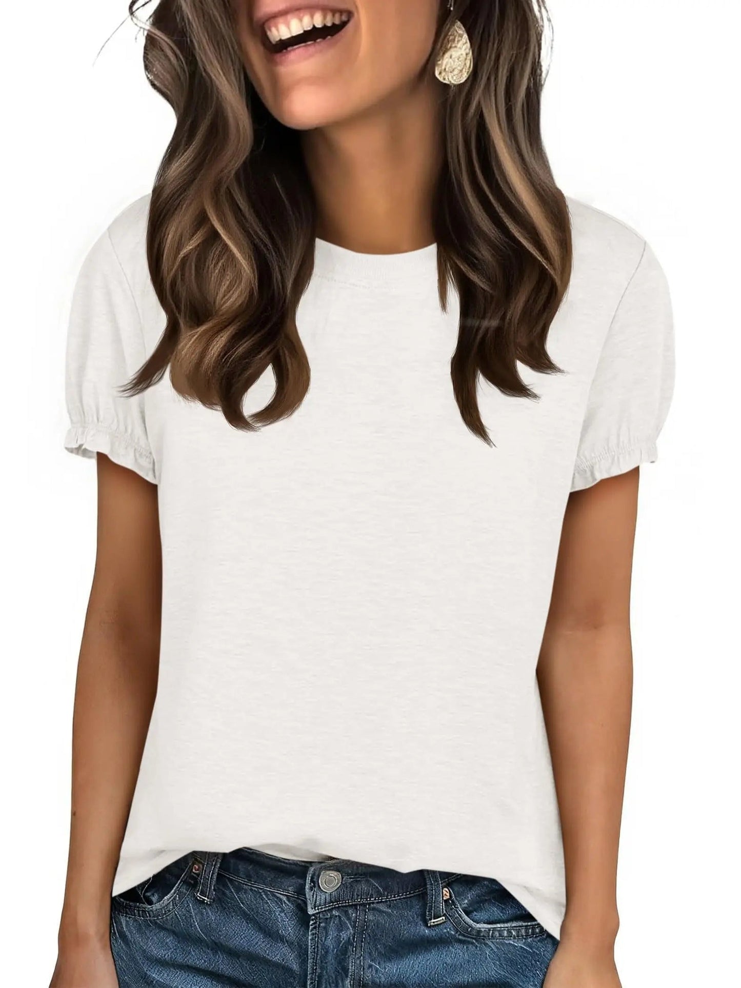 Women's Crew Neck Puff Sleeve Casual T-Shirt