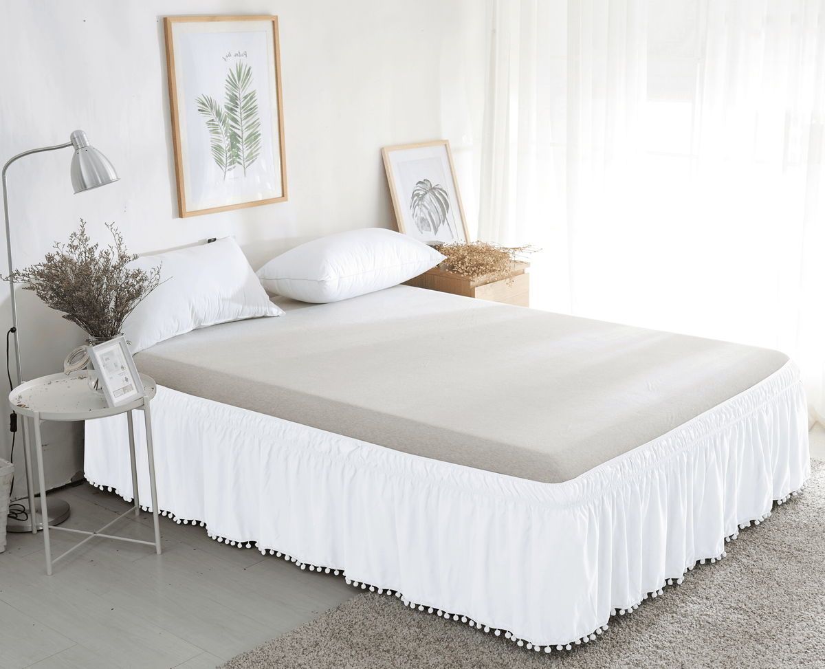 Elegant Comfort Top-Knot Tassel Pompom Fringe Ruffle Bed Skirt - Around Style Elastic Bed Wrap - 16 inch Drop
