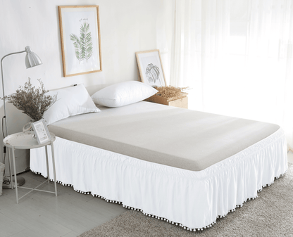Elegant Comfort Top-Knot Tassel Pompom Fringe Ruffle Bed Skirt - Around Style Elastic Bed Wrap - 16 inch Drop