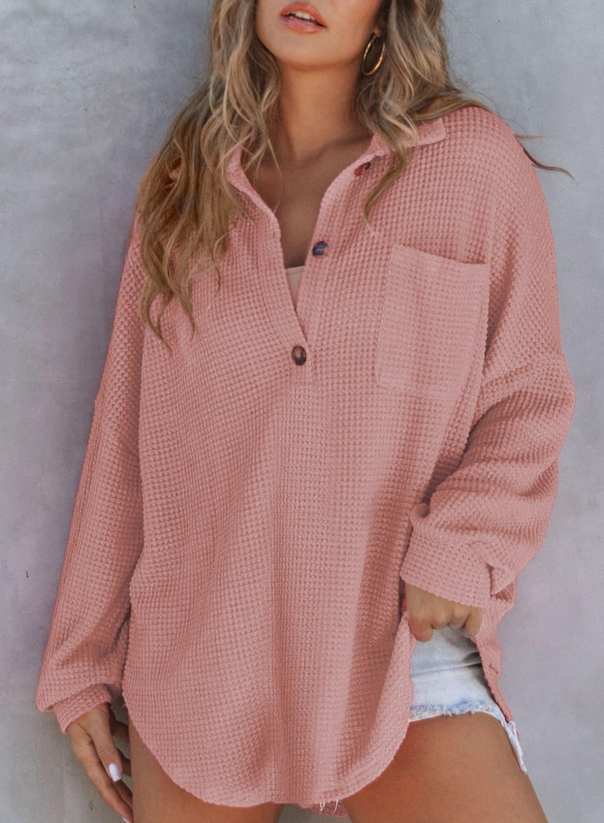 Autumn Women's Waffle Knit Henley V Neck Shirt Jacket