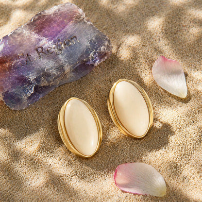 Beige Resin & Goldtone Oval Stud Earrings