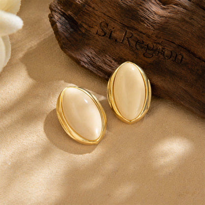 Beige Resin & Goldtone Oval Stud Earrings