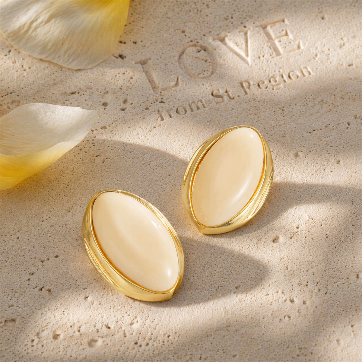 Beige Resin & Goldtone Oval Stud Earrings