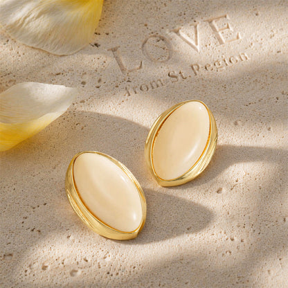 Beige Resin & Goldtone Oval Stud Earrings