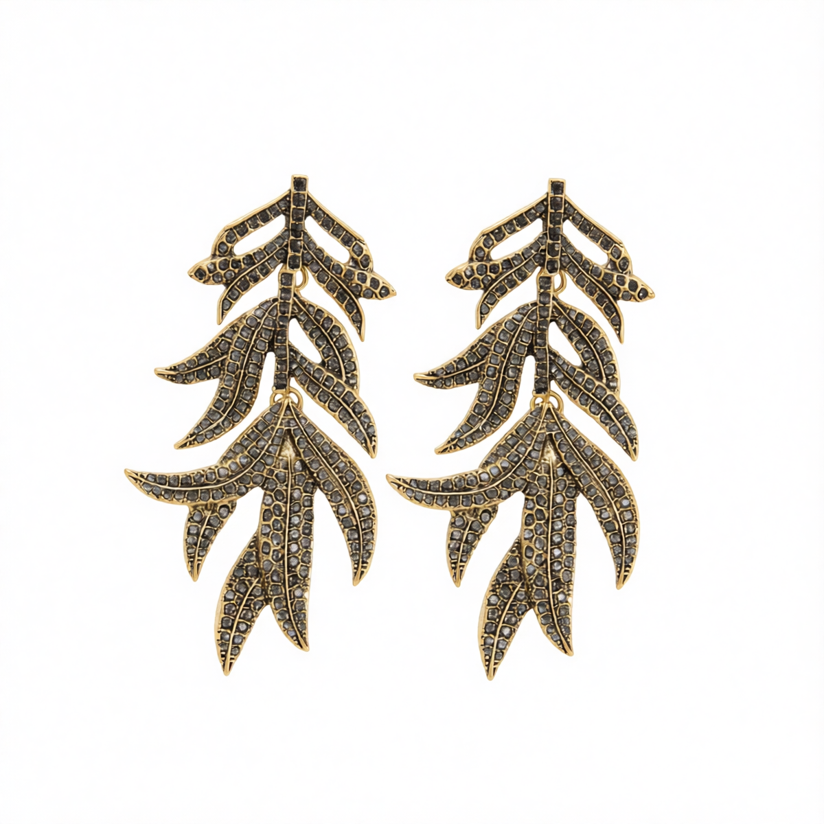 Black Cubic Zirconia & Goldtone Branch Dangle Earrings