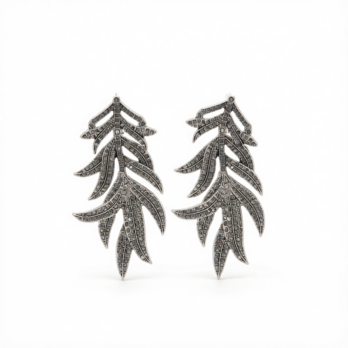 Black Cubic Zirconia & Silvertone Branch Dangle Earrings