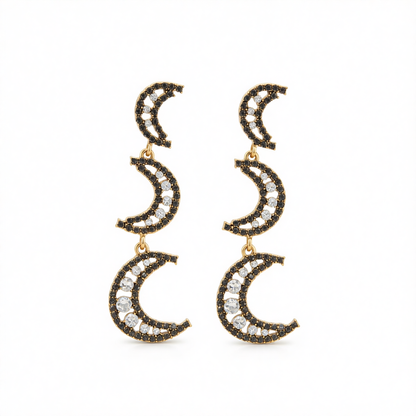 Black Cubic Zirconia & Goldtone Tiered Moon Dangle Earrings