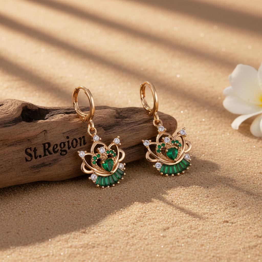 Emerald Crystal & Cubic Zirconia Goldtone Flower Heart Huggie Earrings