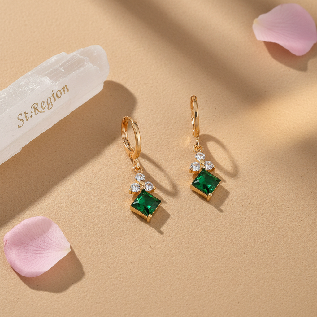 Emerald Crystal & Cubic Zirconia Goldtone Flower Rhombus Huggie Earrings