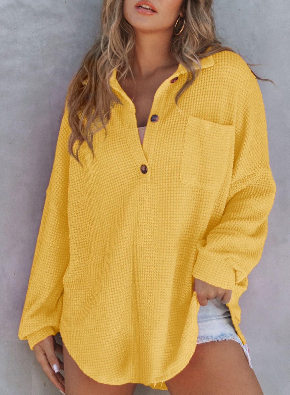Autumn Women's Waffle Knit Henley V Neck Shirt Jacket