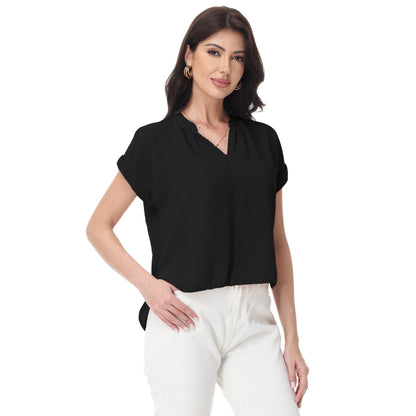 Anna-Kaci Women's Short Sleeve Blouse with Gathered V-Neckline and Rolled Cuffs
