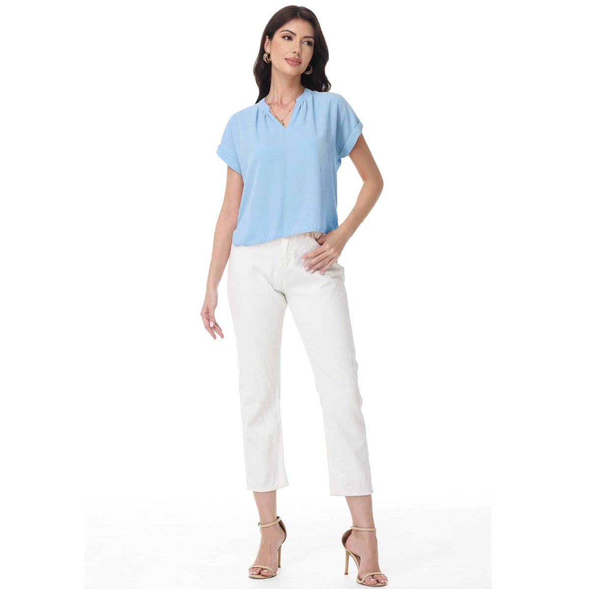 Anna-Kaci Women's Short Sleeve Blouse with Gathered V-Neckline and Rolled Cuffs