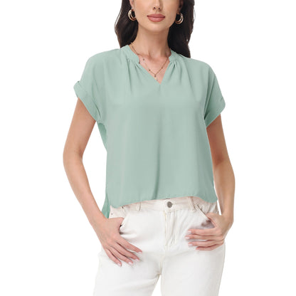 Anna-Kaci Women's Short Sleeve Blouse with Gathered V-Neckline and Rolled Cuffs