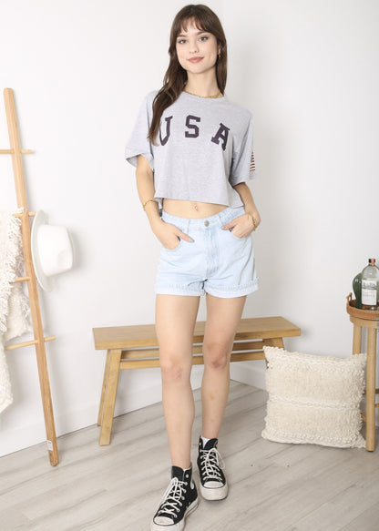 Anna-Kaci Women's Letter Print Crop Top Short Sleeve July 4th USA Flag T-Shirt