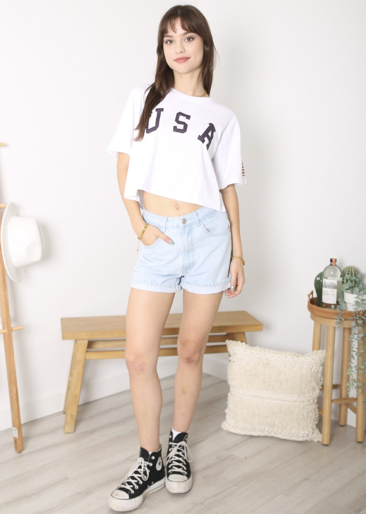 Anna-Kaci Women's Letter Print Crop Top Short Sleeve July 4th USA Flag T-Shirt