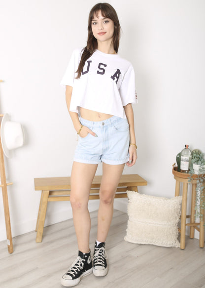 Anna-Kaci Women's Letter Print Crop Top Short Sleeve July 4th USA Flag T-Shirt